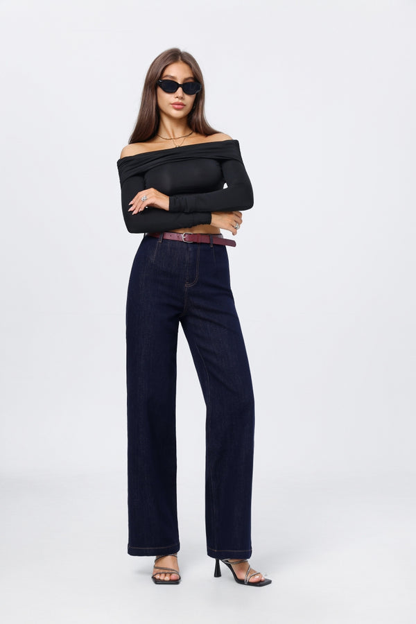 Dark Wide Leg Jeans with Belt