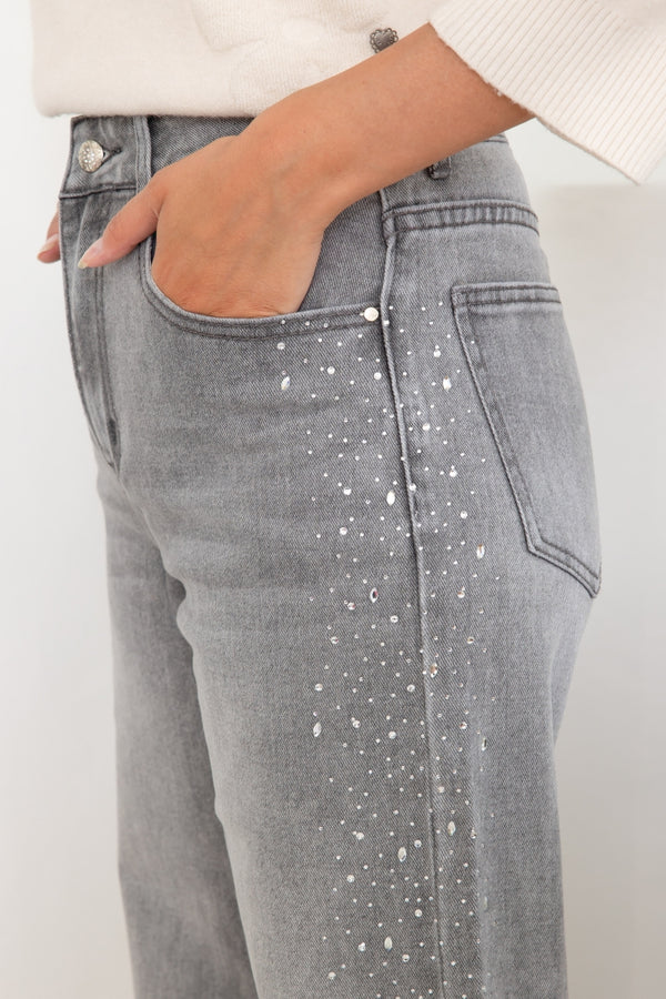 Grey Rhinestone Wideleg Jeans